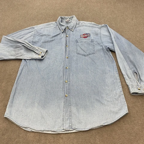 Vintage Houston Rockets Men's Medium Denim Blue Jean Shirt Embroidered True Fan Cover