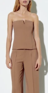 NUEVO CON ETIQUETAS Zara beige tostado sin tirantes corsé top pantalón traje S M - Imagen 1 de 4