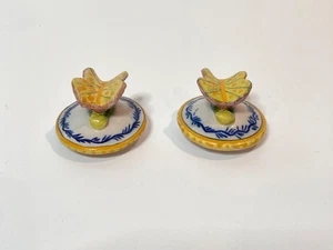 Two Vintage French Faience Quimper Inkwell Lids With Butterfly Shape Handles - Picture 1 of 7