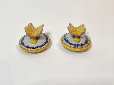 Two Vintage French Faience Quimper Inkwell Lids With Butterfly Shape Handles - Image 1 of 4