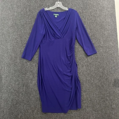 Lauren Ralph Lauren Dress Women's 14 Purple Ruched Faux Wrap 3/4 Sleeve Elegant - Image 1 of 4
