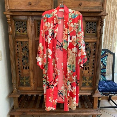 Natori Floral Print Silky Robe Womens XL Asian Pink/Red Satin Discontinued READ - Image 1 of 4