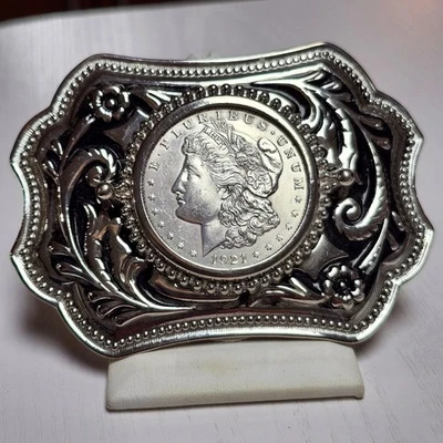 1921 Morgan Silver Dollar Vintage Mens Belt Buckle 3.5" x 2.5" 106.9 grams NOS - Image 1 of 3