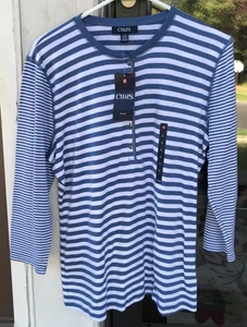Womens Chaps Periwinkle Blue Striped 3/4 Sleeve Henley Top NWT $49 Z - Picture 1 of 6