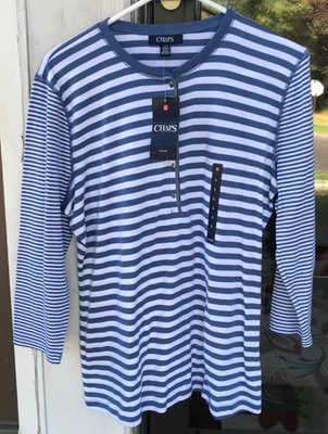 Blusa Henley Feminina Chaps Periwinkle Listrada Azul Manga 3/4 Nova Com Etiqueta $49 Z - Imagem 1 de 4