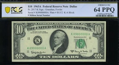1963A $10 FRN K09000000A 9 MILLION P.C.G.S #64PPQ - Image 1 of 3