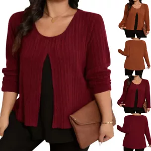 Plus Size Womens Colorblock Long Sleeve Pullover T-shirt Ladies Casual Short Top - Picture 1 of 20