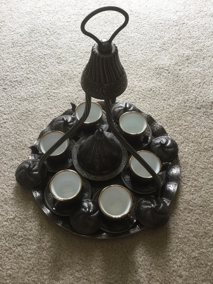 Silver Tray Ottoman Design Coffee Serving Kitchen Present , 14” Diameter, 16” H. - Image 1 of 4