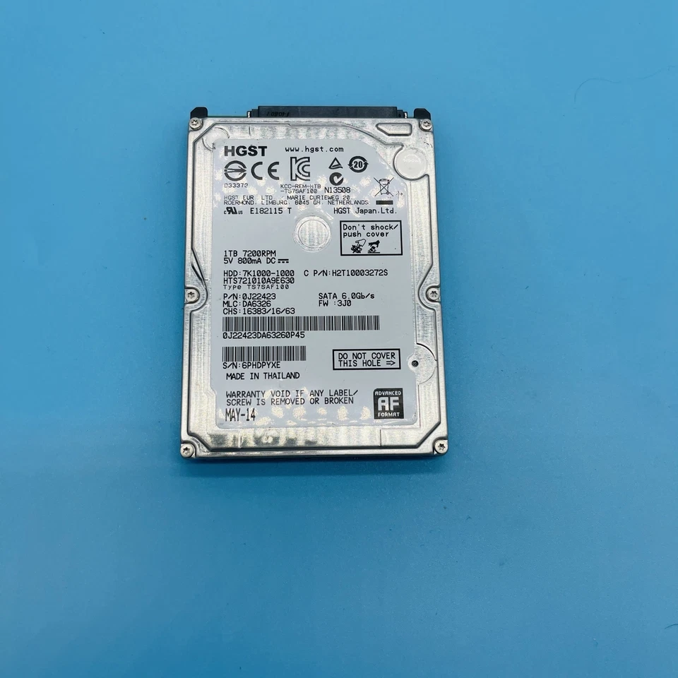 HGST 1.0TB 2.5" SATA 7200RPM Hard Drive HTS721010A9E630 MLC: DA6326 PN: 0J22423 - Image 1 of 1