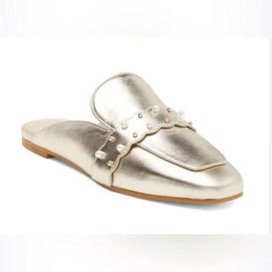 Neu Stuart Weitzman VERZIERTES METALLISCHES MUSCHELTIER IN PLATINGOLD/Perle Gr. 5 Leder - Bild 1 von 7