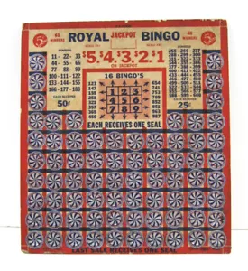 De colección Royal Jackpot Bingo 5ct Punch Premio Punch Board Juego Antiguo Stock - Imagen 1 de 2