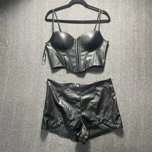 Pleather black bustier corset Large top Vegan Leather Padded XL Hot Pants Shorts - Picture 1 of 21