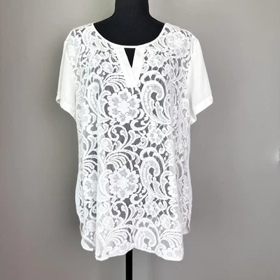 Blusa de renda feminina XL branca manga curta semi transparente - Imagem 1 de 4