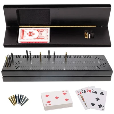 WE Games 3 Track Cribbage Board Game Set with Storage, Black Stained Wood - Image 1 of 4