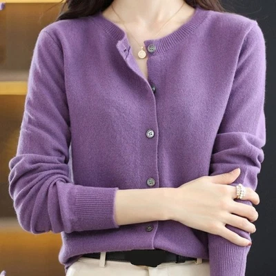 Cárdigan suéter cárdigan de cachemir 100 % cachemir cuello redondo manga larga para mujer Foto 1 de 4