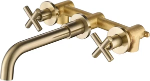 Grifo de baño de doble manija dorado cepillado montado en la pared, grifo mezclador central de 8" - Imagen 1 de 8