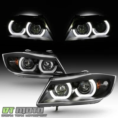 Black 2006-2008 BMW E90 3-Series 4-Door LED Halo Projector Headlights Headlamps - Imagem 1 de 4