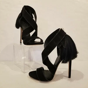 Sandalias Aleksander Siradekian para mujer 37 negras gamuza flecos tacón punta abierta - Imagen 1 de 11