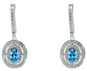 2.35ct Natural Round Diamond Blue Topaz 14k White Gold Anniversary Hoops Earring - Picture 1 of 3