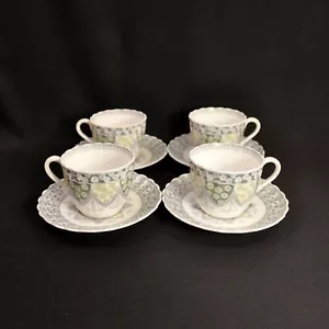 Spode 4 Cups Saucers Fluted Spode's Primrose Y7475 Gray Yellow Green Floral 1954 - Picture 1 of 12