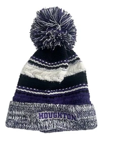 Houghton Pom Beanie Hat Sport-Tek Adult Size Acrylic Purple/Black/White knit b - Picture 1 of 5
