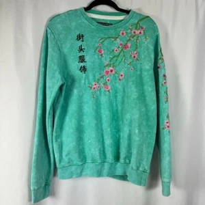Blind Rooster Jade Green Tie Dye Sweatshirt Embroidered Cherry Blossoms L - Picture 1 of 9