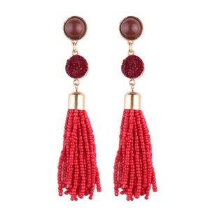 LONG STUD EARRINGS WITH RED/ORANGE BEADED DROPS - 115mms.......SM1498 - Picture 1 of 2