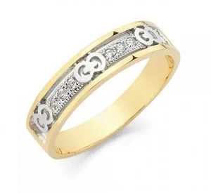 14k Solid Yellow and White Gold Band Ring with Manmade Diamond GG - Picture 1 of 3