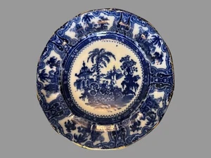Vintage Antique Kyber Flow Blue Porcelain 9" Gold Trimmed Dinner Plate - Picture 1 of 5