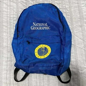 National Geographic World Explorer Backpack Thin Fabric Blue Yellow Vintage - Picture 1 of 8