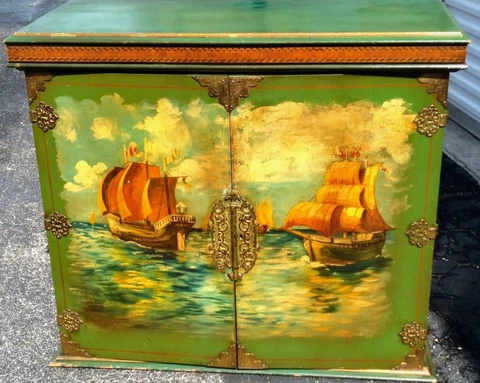 Antique Nautical Ships Oil Painting Painted Mission Cabinet Wood Chest Furniture Cover
