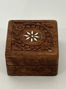 Vintage Hand-Carved Wooden Trinket Box India 4" Square Blue Velvet Lined - Picture 1 of 7
