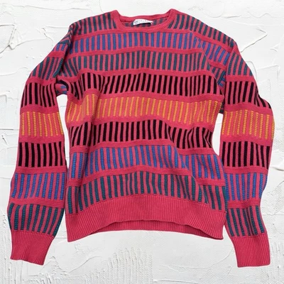 Suéter Vintage Años 80 90 Retro Tejido Rojo Color Bloque Gran Tamaño XL Foto 1 de 4