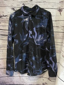 Diesel Dark Blue Black Abstract Floral Small Smart Button Collar Shirt Mens - Picture 1 of 9