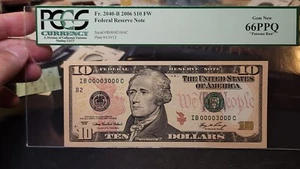 Fr. 2040-B $10 2006 New York FRN Fancy Low Binary Serial 00003000 PCGS GEM 66PPQ - Picture 1 of 4
