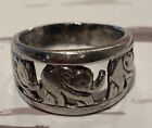 Vtg 925 Silver Signed A 3 Elephants Holding Tails Luck Tapered Band Ring Sz 9