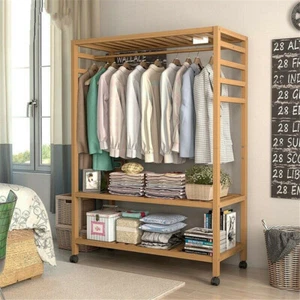 Strong Wooden Clothes Rail Scarf Cart Hanging Garment Coat Rack Rolling Stand - Picture 1 of 12