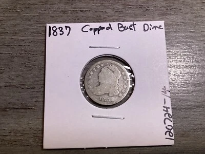 Серебряная монета номиналом 10 центов 1837 с изображением бюста и крышкой небольшого размера уменьшенный размер 120724 14te - Изображение 1 из 4