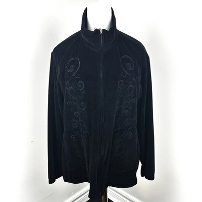 Carroll Reed Jacket Womens 1X Black Velour Zip Up Embroidered Scroll Pockets - Imagem 1 de 4
