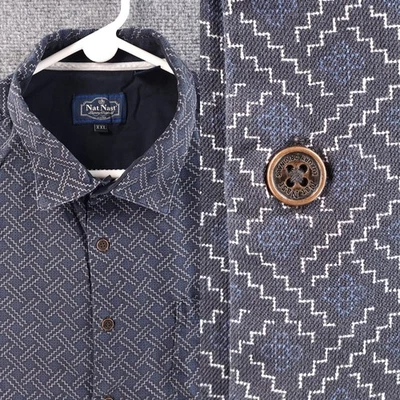 Camisa Nat Nast Manga Corta Seda Algodón 2XL Geométrica Azul Bowling Abotonada Foto 1 de 4