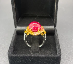 925 Silver & 24KT Gold-Plated Natural Ruby, Tourmaline & Citrine Ring Certified - Picture 1 of 21