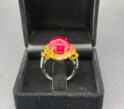 925 Silver & 24KT Gold-Plated Natural Ruby, Tourmaline & Citrine Ring Certified - Image 1 of 4