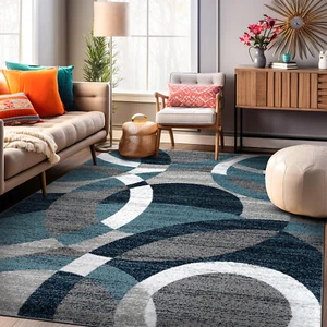 Rugshop Area Rugs Modern Geometric Circles Carpet Dining Room Rug Blue Rugs 5x7 - Picture 1 of 11