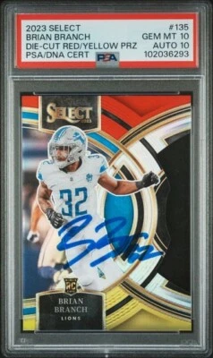 BRIAN BRANCH SIGNED 2023 SELECT DIE-CUT RED/YELLOW #135 Rookie PSA 10 AUTO 10 - Image 1 of 2