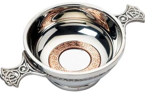 3" 4" Quaich with Scottish Celtic Design Copper Ring Insert Celtic Handle - Foto 1 di 3