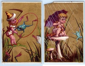 JUEGO/2 TARJETAS COMERCIALES VICTORIANAS DE FANTASÍA*NIÑOS*RANAS*SETAS*GUINEA*STOCK DÉCADA DE 1880 - Imagen 1 de 2