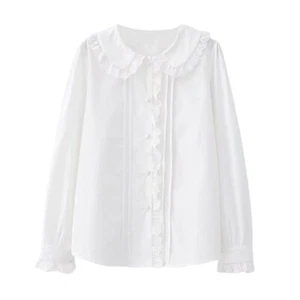 Cute Vintage Women Lace Up Shirt Long Sleeve Ruffle Blouse Sweet Style Girl Tops - Picture 1 of 11