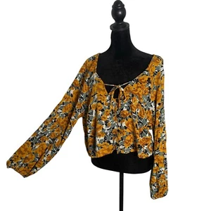 Wild Fable Floral Crop Top Womens XL Yellow Tie Front BOHO Prairie Hippie - Picture 1 of 10