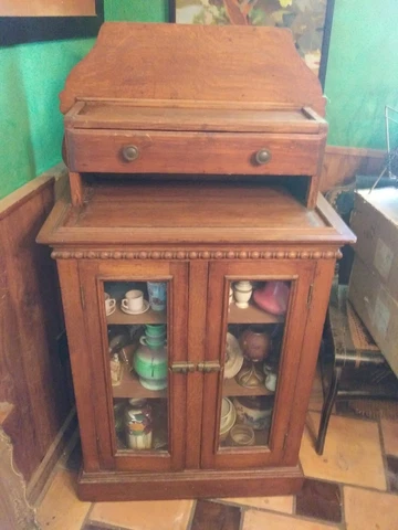 Unique 1890s Antique Oak & Chestnut  Display Cabinet Brass Handles Cover