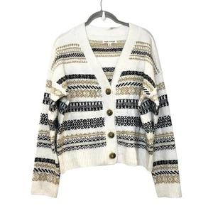 Lucky Brand Geometric Border Pocket Cardigan Fair Isle Fuzzy Ivory Size S - Picture 1 of 7